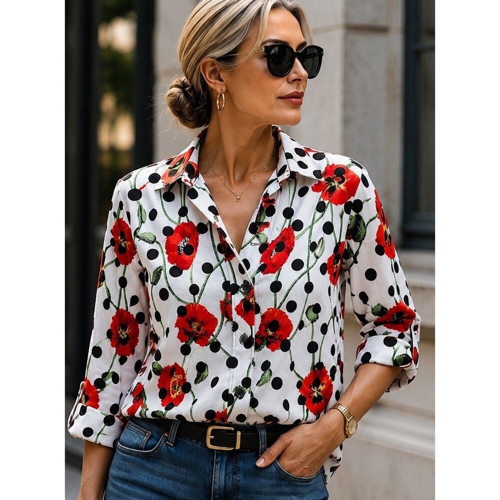 Vintage Great Cavalier St. Paul Poppy Polka Dot Blouse Women’s L Floral EUC
